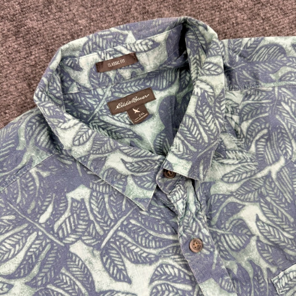 Eddie Bauer Button Up Shirt 2XL Blue Green Leaf Print Linen Blend Mens